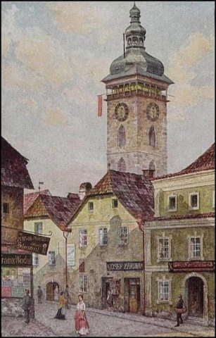Pohled-na-Černou-věž-z-Kněžské-ulice-vlevo-roh-domu-Špalíček.-Rok-1916