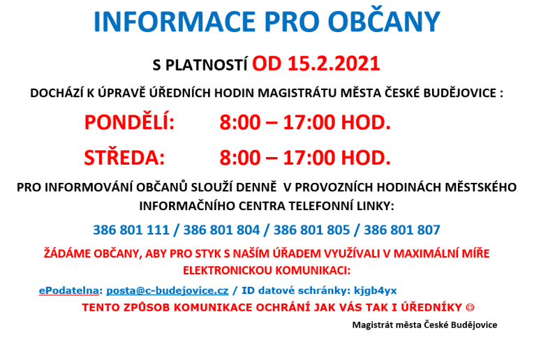 Od 15. února 2021 se rozšiřují úřední hodiny na magistrátu